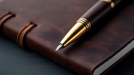 Elegant Fountain Pen Resting on a Luxurious Leather Notebook