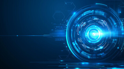 Abstract futuristic blue background featuring glowing digital technology and circuit board design. High-tech circular hologram elements on a dark blue background, perfect for business, innovation, and