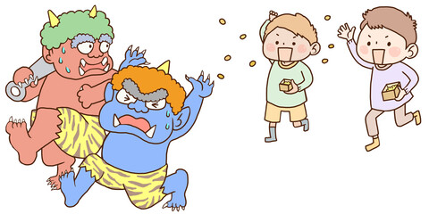 豆まきをする子供たちと逃げる鬼たちのイラスト