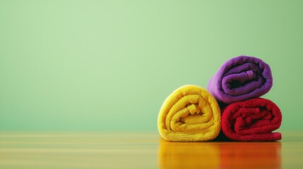 Colorful rolled towels stacked on wooden surface against a green background in a bright setting