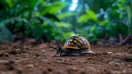 Obraz premium Snail Crawling on Soil Surrounded by Lush Green Foliage