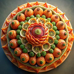 A vibrant circular arrangement of fruit and flower petals.