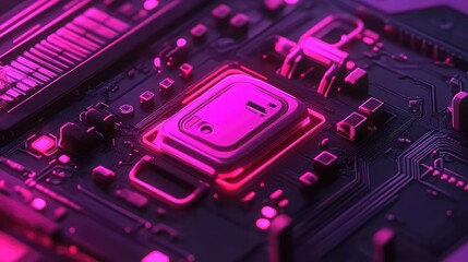 Abstract digital lock glowing in vibrant neon against a high-tech cyber theme.