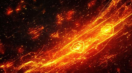 Obraz premium Abstract firewall concept with sparks and glowing shield symbols on a tech background.