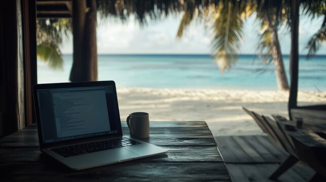 Laptop and coffee cup on tropical beach table Ultra.