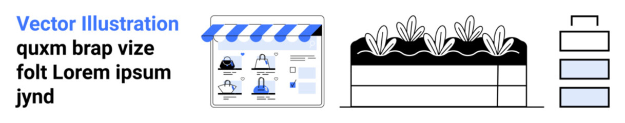 Obraz premium E-commerce storefront with blue-striped awning, garden planter with sprouting plants, and organized stack of books. Ideal for online shopping, gardening, organization, minimalist design, education