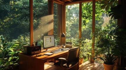 Remote work desk in rustic cabin with natural light