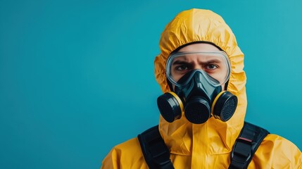 The scientist’s focused expression, protected by a biohazard suit and mask, conveys urgency and dedication in medical and epidemic response.