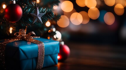 A blue wrapped gift with a gold ribbon is placed under a Christmas tree at night