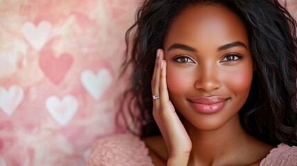Close-up portrait of a supermodel woman, placing her hand on her cheek, smiling warmly, wearing a soft pink top, in a subtle heart-patterned studio backdrop--romantic couple, happy valentine theme