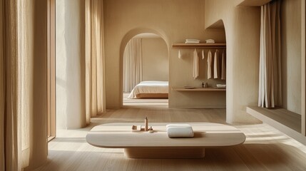 A clean and minimalist dressing room with open shelving, neutral tones, and wooden flooring.