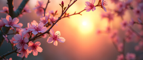 Fototapeta premium Magical sunset with blooming tree branches, soft pink flowers and shining golden rays of light.