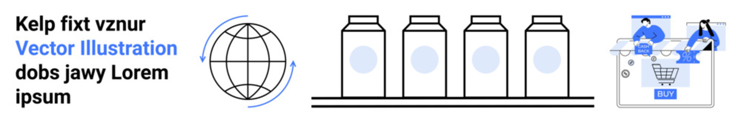 Globe icon with text, row of delivery packages, and merchant managing online orders. Ideal for e-commerce, global trade, logistics, supply chain, online business, delivery services and digital