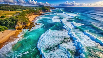 Obraz premium Aerial View of Dramatic Sea Waves Crashing on Shoreline with Vibrant Coastal Colors and Textures