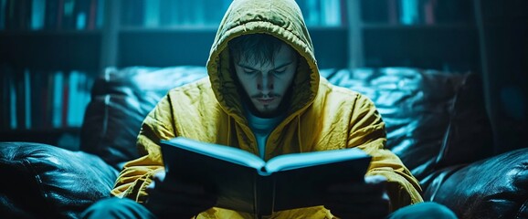 Hooded man engrossed in reading a book in dimly lit room.