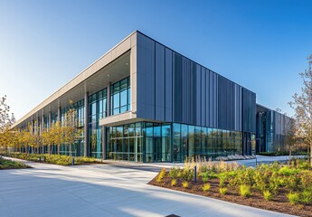 Obraz premium Modern Architectural Design of a Sleek Commercial Building with Expansive Glass Facade Set Against Clear Blue Sky and Pristine Landscape on a Sunny Day