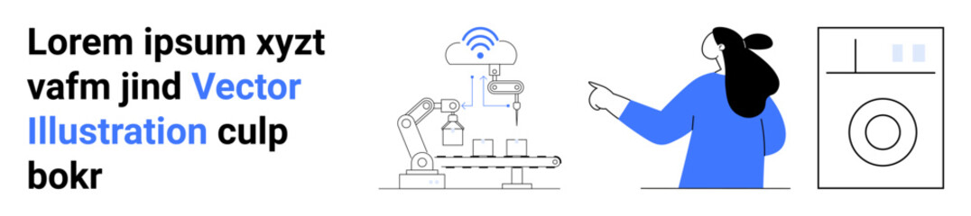 Person interacting with smart home device, robotic arm assembling products, washing machine. Ideal for technology, IoT, automation, AI, smart appliances, home automation, innovation themes. Banner