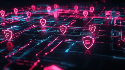 Obraz premium A glowing network of interlinked shield icons against a dark and abstract cyber background.