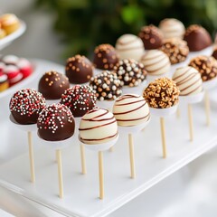 Tray filled with chocolate covered cake pops arranged neatly on a white background