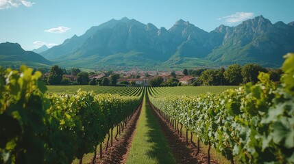 Fototapeta premium Picturesque Vineyard with Mountain Backdrop, displaying rows of vines leading to a charming village nestled amidst majestic mountains