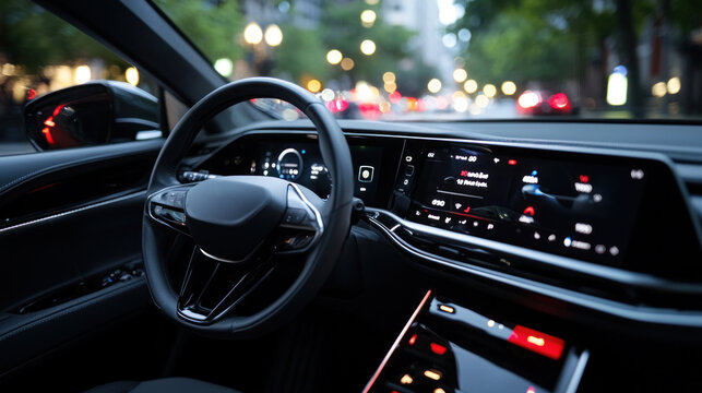Modern Electrical Car Interior with Advanced Technology Display and Urban Night Background