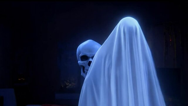 Ghost evil skull figure white shroud floating dark background Halloween scary ethereal entity haunted motion.
