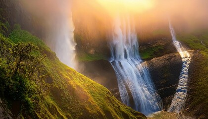 Majestic waterfall cascading down mossy cliffs in golden sunlight at sunrise