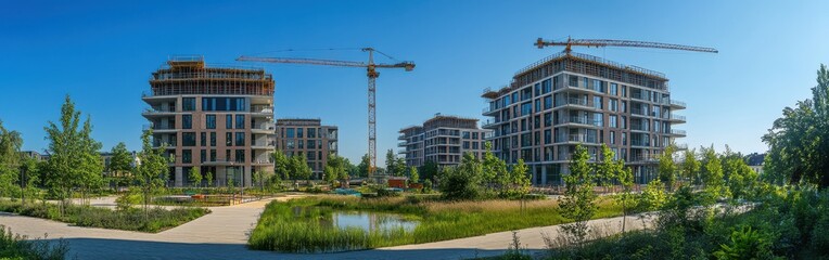 Obraz premium Modern urban development featuring contemporary residential buildings, cranes in operation, lush greenery, and blue sky in a vibrant city landscape scene