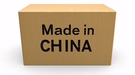 plain cardboard parcel box with Made in China stamped in bold letters, shot in a minimalistic style on a white background. 