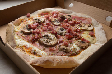 Pizza na caixa de papelão com queijo mozarela e vários sabores e condimentos, feita de massa fina, farinha