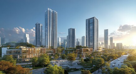Obraz premium Modern Urban Landscape with Skyscrapers, Green Spaces, and Bustling Streets Under a Bright Sky at Sunset, Showcasing Architectural Marvels and City Life Dynamics
