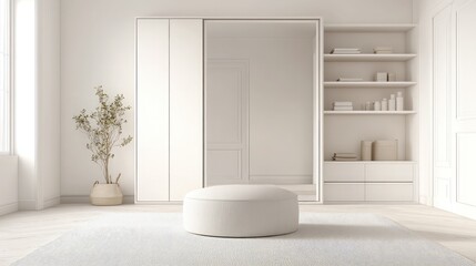 A minimalist dressing room with white cabinetry, full-length mirrors, and a light gray ottoman in the center.