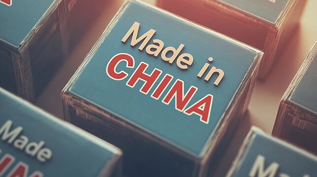 neatly arranged collection of parcel boxes, all with Made in China labeling, shot from a top-down angle. 