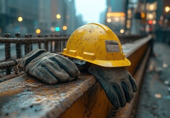 Safety Gear on Construction Site During Foggy Morning, Highlighting the Importance of Worker Protection in Urban Environments for Construction Projects and Safety Standards