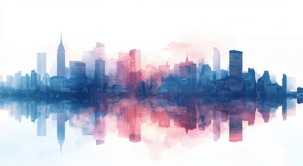 Fototapeta premium Serene Cityscape Reflection in Red and Blue Hues Capturing Urban Skyline with Soft Fog, Ideal for Artistic and Inspirational Visuals, Perfect for Modern Design Use