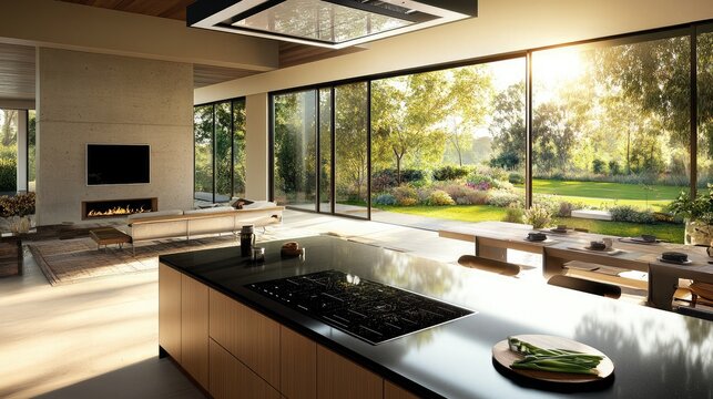 A modern kitchen featuring an induction cooktop, sleek cabinetry, and a large window with natural light.