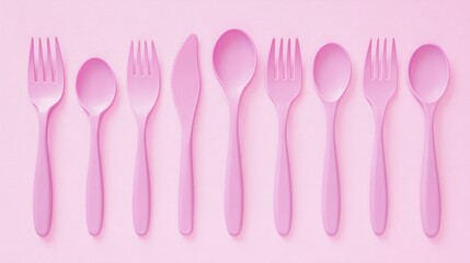 Pink Plastic Cutlery Set, Spoons, Forks, Knife on Pink Background