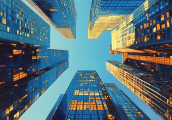 Stunning Urban Skyline at Dusk Captured from Below with Modern Skyscrapers Reflecting Warm Light Against a Clear Blue Sky