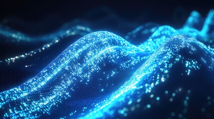 Binary code streams forming a glowing lock icon on a deep blue background with digital wave patterns.