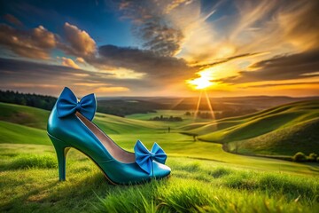 Elegant Blue Heels with Bow on Grassy Hillside Sunset Landscape