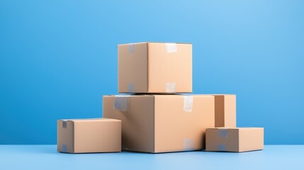 Stack of cardboard boxes arranged neatly on a solid blue background for shipping and storage purposes
