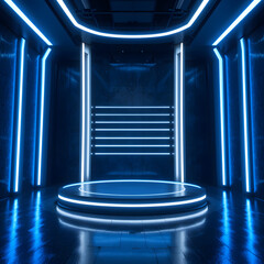 Podium show case for product with neon blue light reflect in black.