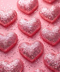 Obraz premium Romantic heart-shaped candies sprinkled with sequins framed with pink background for Valentine's Day