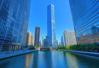Fototapeta premium Urban Skyline Reflections in Vibrant Blue: A Stunning View of Modern Architecture Along the River in Chicago Showcasing Bright Glass Towers and Lush Greenery