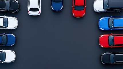 Group of various cars parked in a large parking lot during a sunny day with clear blue sky