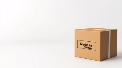 Fototapeta premium .isolate on white backgroundA minimalist design showing a parcel box with Made in China label, placed neatly on a white background. 