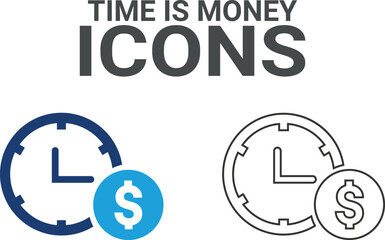 Time is a money icon. Timer, alarm, schedule, hourglass, clock icons. Solid icon collection.