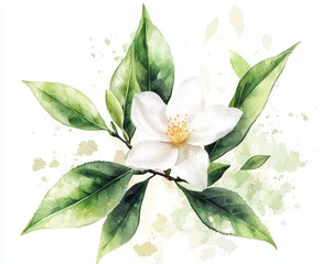 Tea leaves with flower watercolor illustration isolated on white background