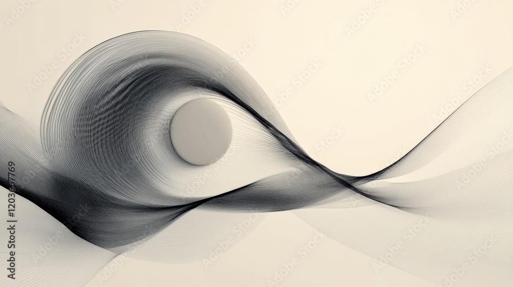 Poster An abstract image featuring flowing curves and a central sphere, creating a sense of motion and fluidity against a soft background.