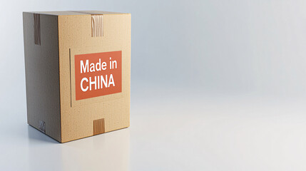 .isolate on white backgroundStylized illustration of a cardboard parcel box with Made in China label visible, isolated on a plain white backdrop. 